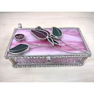 Vtg Stained Pink Slag Glass Jewelry Storage Box Red Roses 3D Lid